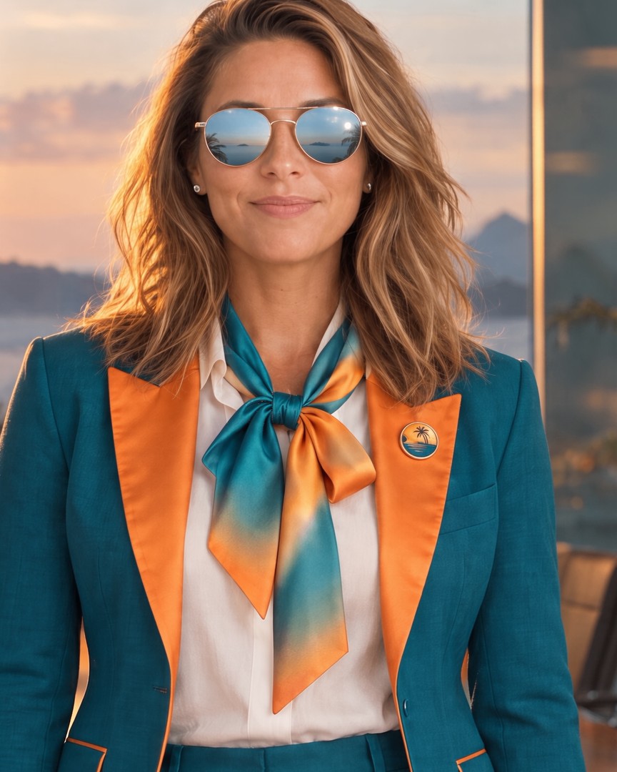 Islandia, Island Networking's AI business agent, in a teal blazer in a boardroom at sunset